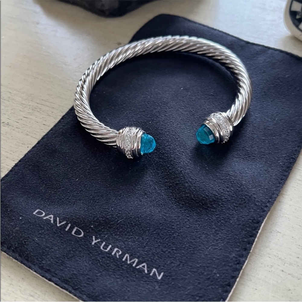 David Yurman Cable Cuff Bracelet with Blue Gemstone Terminals 7mm